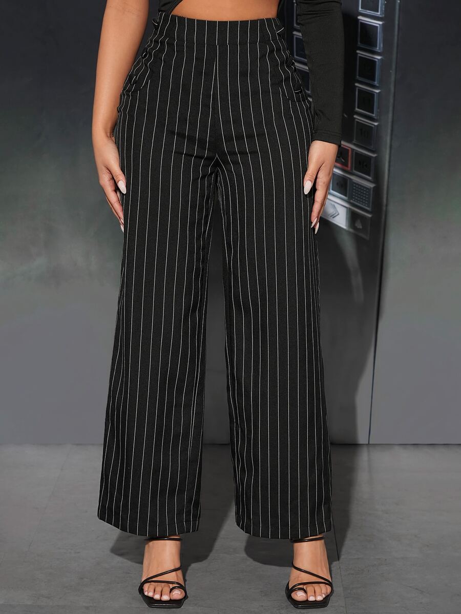 SHEIN PETITE 女士高腰条纹阔腿宽松休闲裤，百搭 - 黑色 - 查看 1