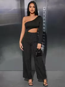 SHEIN PETITE 女士高腰条纹阔腿宽松休闲裤，百搭 - 黑色 - 查看 4