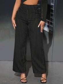 SHEIN PETITE 女士高腰条纹阔腿宽松休闲裤，百搭 - 黑色 - 查看 5
