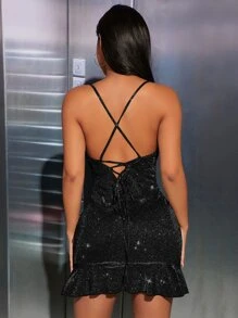 SHEIN PETITE Criss Cross Tie Back Ruffle Hem Glitter Cami Bodycon Dress - Black - View 2