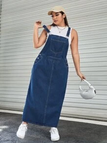 SHEIN ICON Plus Patched Pocket Denim Overall Dress Without Tank Milkmaid Dress  Autumn Outfits For Women Festival Outfits Sundress - Dark Wash - View 3