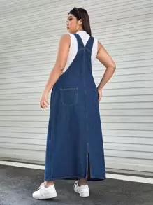SHEIN ICON Plus Patched Pocket Denim Overall Dress Without Tank Milkmaid Dress  Autumn Outfits For Women Festival Outfits Sundress - Dark Wash - View 2