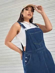 SHEIN ICON Plus Patched Pocket Denim Overall Dress Without Tank Milkmaid Dress  Autumn Outfits For Women Festival Outfits Sundress - Dark Wash - View 4
