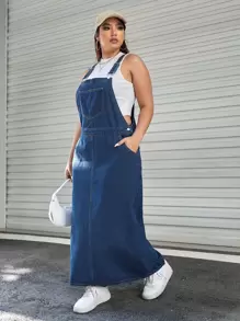 SHEIN ICON Plus Patched Pocket Denim Overall Dress Without Tank Milkmaid Dress  Autumn Outfits For Women Festival Outfits Sundress - Dark Wash - View 1