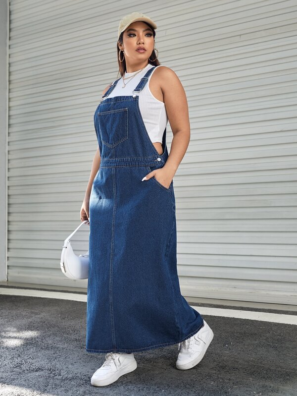 SHEIN ICON Plus Patched Pocket Denim Overall Dress Without Tank Milkmaid Dress  Autumn Outfits For Women Festival Outfits Sundress