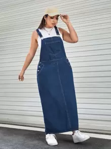 SHEIN ICON Plus Patched Pocket Denim Overall Dress Without Tank Milkmaid Dress  Autumn Outfits For Women Festival Outfits Sundress - Dark Wash - View 5