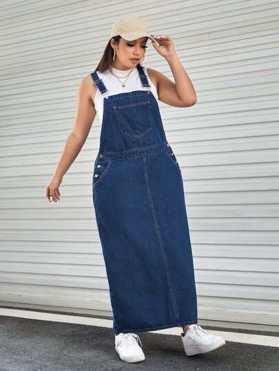 SHEIN ICON 大碼補丁貼口袋牛仔背帶裙不帶背心