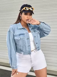 SHEIN EZwear 大碼落肩袖翻蓋口袋牛仔夾克 - 淺色水洗藍 - 查看 1