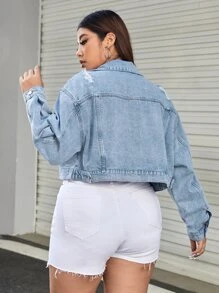 SHEIN EZwear 大碼落肩袖翻蓋口袋牛仔夾克 - 淺色水洗藍 - 查看 2