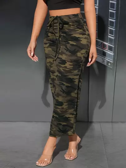 SHEIN PETITE Camo Print Knot Front Pencil High Waisted Skirt