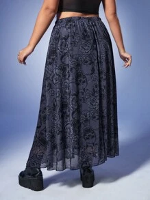 ROMWE Goth Plus Skull Print Flare Skirt - Purple - View 2