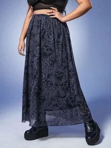 ROMWE Goth Plus Skull Print Flare Skirt - Purple - View 3