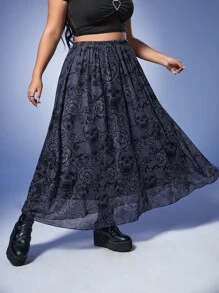 ROMWE Goth Plus Skull Print Flare Skirt - Purple - View 4