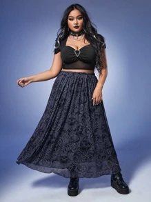 ROMWE Goth Plus Skull Print Flare Skirt - Purple - View 5
