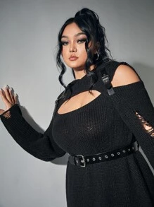 ROMWE Grunge Punk Plus Cold Shoulder Cut Out Sweater Dress Without Belt - Black - View 3
