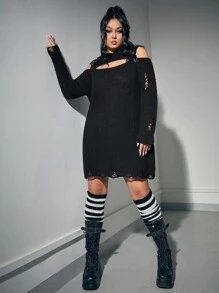 ROMWE Grunge Punk Plus Cold Shoulder Cut Out Sweater Dress Without Belt - Black - View 5