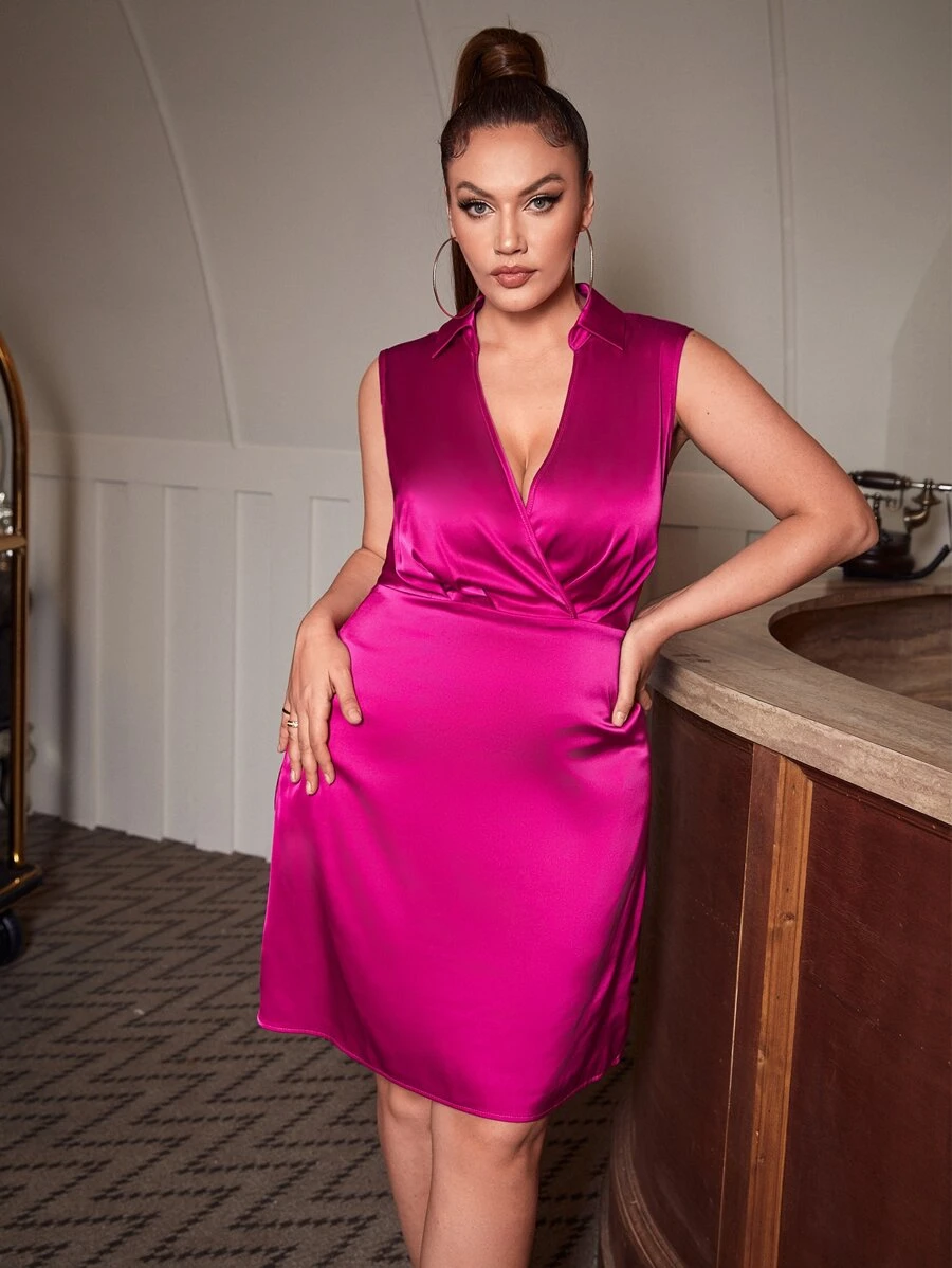SHEIN Unity Plus Surplice Neck Satin Dress - Hot Pink - View 1