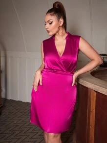 SHEIN Unity Plus Surplice Neck Satin Dress - Hot Pink - View 3