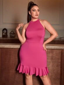 SHEIN SXY Plus Ruffle Hem Halter Neck Bodycon Dress - Pink - View 3