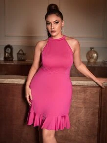 SHEIN SXY Plus Ruffle Hem Halter Neck Bodycon Dress - Pink - View 1