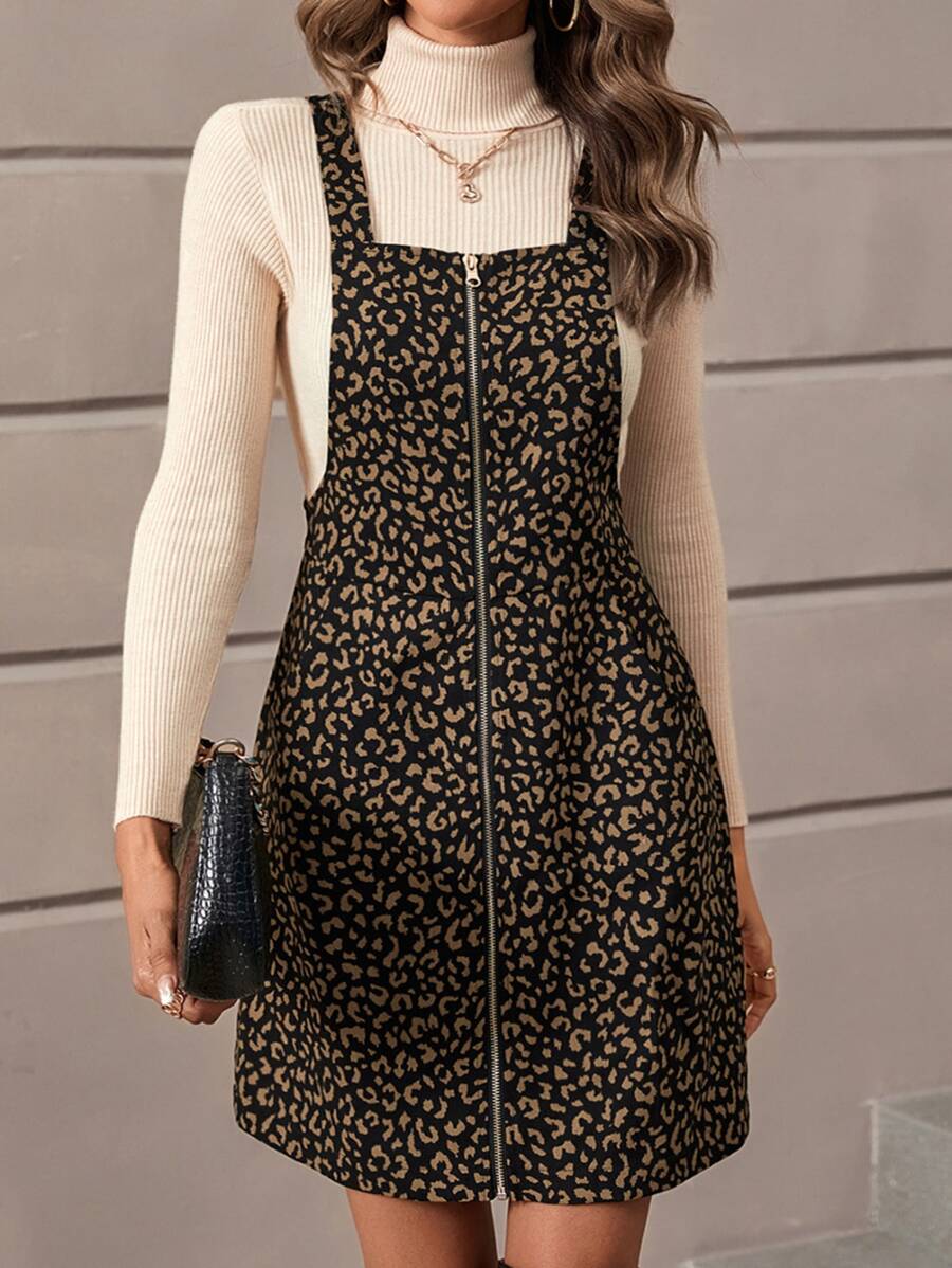 SHEIN Essnce Leopard Print Zip Up Pinafore Dress Without Jumper - Black - View 1