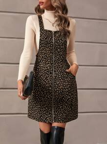 SHEIN Essnce Leopard Print Zip Up Pinafore Dress Without Jumper - Black - View 7