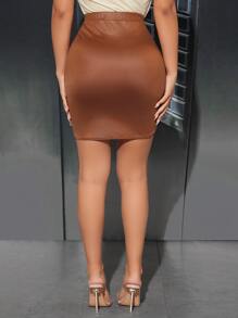 SHEIN PETITE Falda ajustada con cordón fruncido delantero PU - Marrón - Ver 2