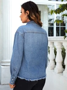 Flap Pocket Drop Shoulder Denim Blouse - Medium Wash - View 3