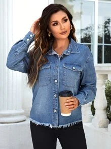 Flap Pocket Drop Shoulder Denim Blouse - Medium Wash - View 2