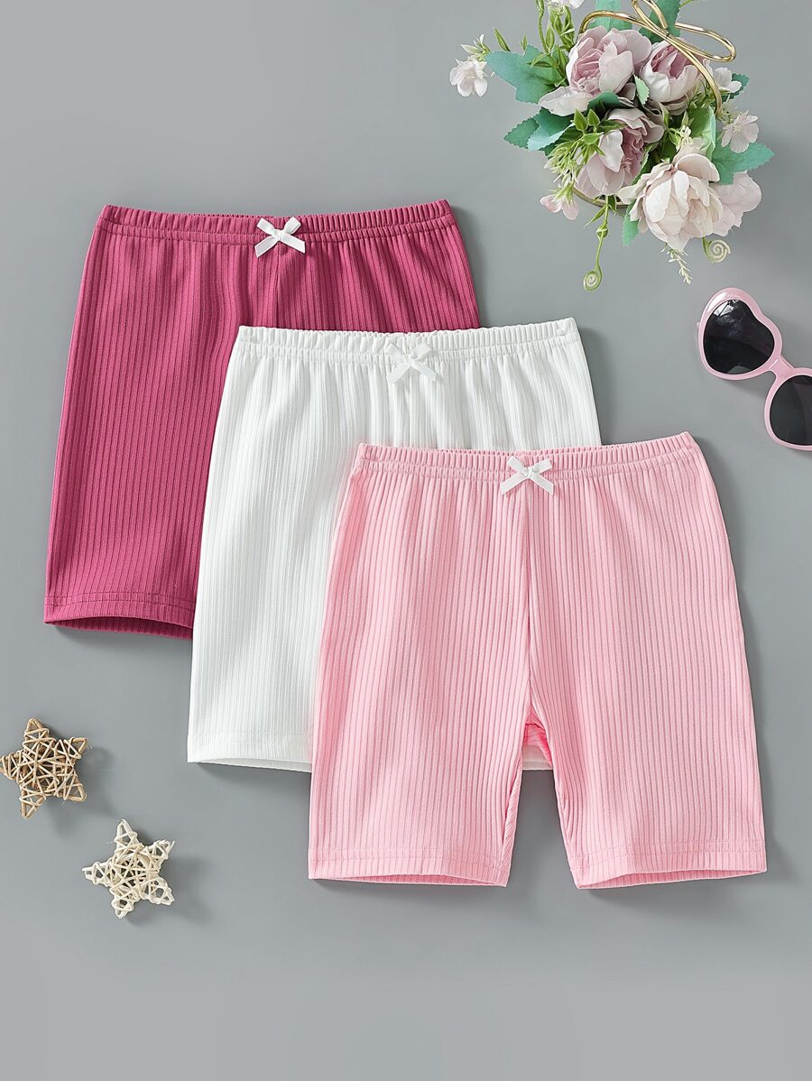 SHEIN 小女童3入組條紋針織前蝴蝶結騎行褲 - 彩色 - 查看 1