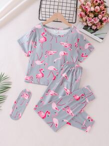 Girls Flamingo Print Snug Fit PJ Set & Eye Mask - Grey - View 1
