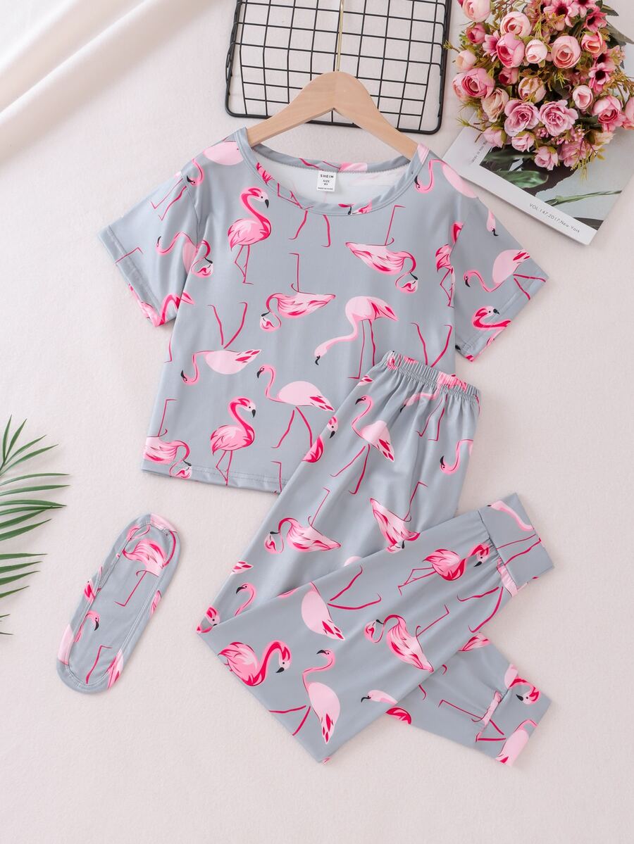Girls Flamingo Print Snug Fit PJ Set & Eye Mask - Grey - View 1