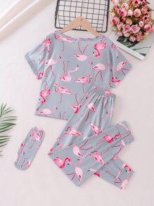 Girls Flamingo Print Snug Fit PJ Set & Eye Mask - Grey - View 2