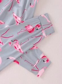 Girls Flamingo Print Snug Fit PJ Set & Eye Mask - Grey - View 3