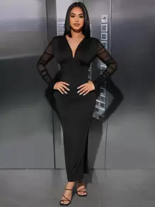 SHEIN PETITE Plunge Neck Contrast Mesh Split Thigh Bodycon Dress - Black - View 4