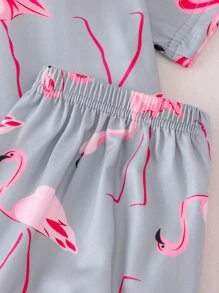 Girls Flamingo Print Snug Fit PJ Set & Eye Mask - Grey - View 6