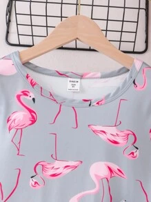 Girls Flamingo Print Snug Fit PJ Set & Eye Mask - Grey - View 7
