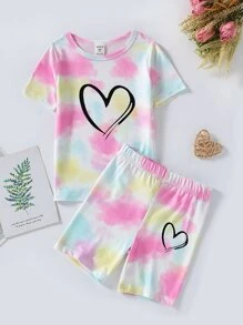 Toddler Girls Tie Dye Heart Print Snug Fit PJ Set - Multicolor - View 1