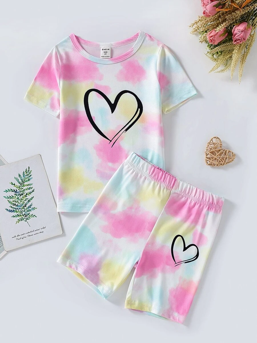 Toddler Girls Tie Dye Heart Print Snug Fit PJ Set - Multicolor - View 1