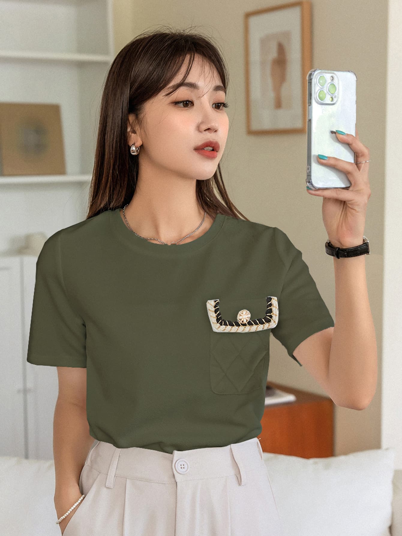DAZY Pocket Patched Button Detail Tee Easter - Green - View 1