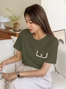 DAZY Pocket Patched Button Detail Tee Easter - Green - View 2