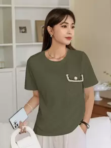 DAZY Pocket Patched Button Detail Tee Easter - Green - View 3