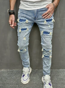 Manfinity LEGND Men Cotton Ripped Skinny Jeans Slim Fit Long Frayed Jean Cargo Plain Light Blue Going Out Rock And Roll Rapper, Men Distressed Jeans, Light Blue Ripped Jeans Men, Streetwear Jeans