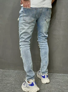 Manfinity LEGND Men Cotton Ripped Skinny Jeans Slim Fit Long Frayed Jean Cargo Plain Light Blue Going Out Rock And Roll Rapper, Men Distressed Jeans, Light Blue Ripped Jeans Men, Streetwear Jeans