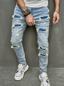 Manfinity LEGND Men Cotton Ripped Skinny Jeans Slim Fit Long Frayed Jean Cargo Plain Light Blue Going Out Rock And Roll Rapper, Men Distressed Jeans, Light Blue Ripped Jeans Men, Streetwear Jeans