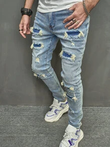 Manfinity LEGND Men Cotton Ripped Skinny Jeans Slim Fit Long Frayed Jean Cargo Plain Light Blue Going Out Rock And Roll Rapper, Men Distressed Jeans, Light Blue Ripped Jeans Men, Streetwear Jeans