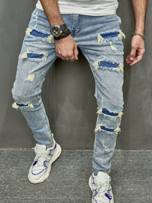 Manfinity LEGND Men Cotton Ripped Skinny Jeans Slim Fit Long Frayed Jean Cargo Plain Light Blue Going Out Rock And Roll Rapper, Men Distressed Jeans, Light Blue Ripped Jeans Men, Streetwear Jeans