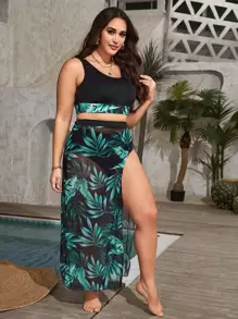 SHEIN Swim Curve Plus Size Tropical Print Bikini Top, For Summer Beach Vacation - Black - View 3