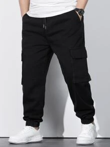 Manfinity Men Plus Cotton Flap Pocket Side Drawstring Waist Cargo Jeans - Black - View 1