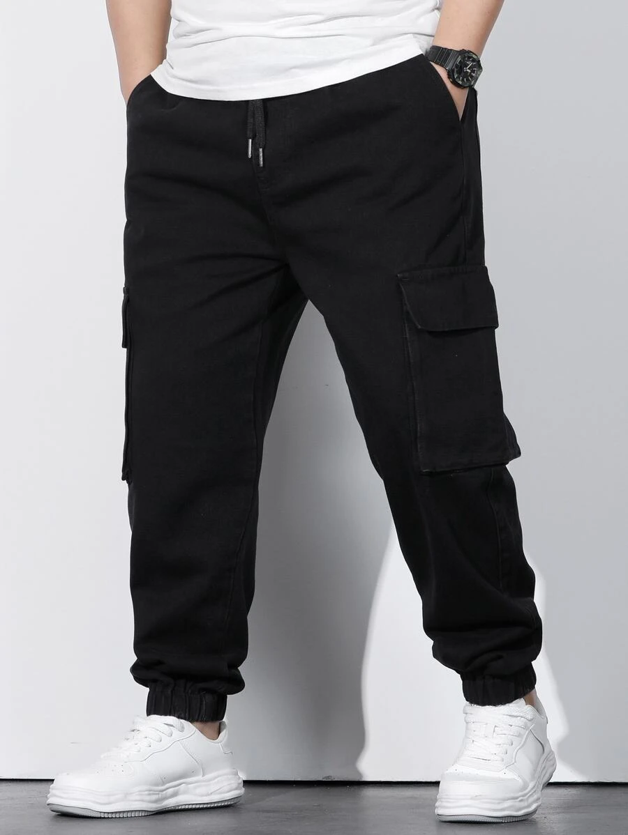 Manfinity Men Plus Cotton Flap Pocket Side Drawstring Waist Cargo Jeans - Black - View 1